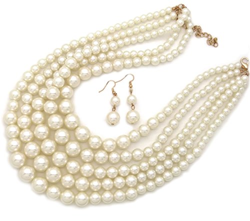 Fashion 21 Women's Five Multi-Strand Simulated Pearl Statement Necklace And Earrings Set (Cream) #TOP1