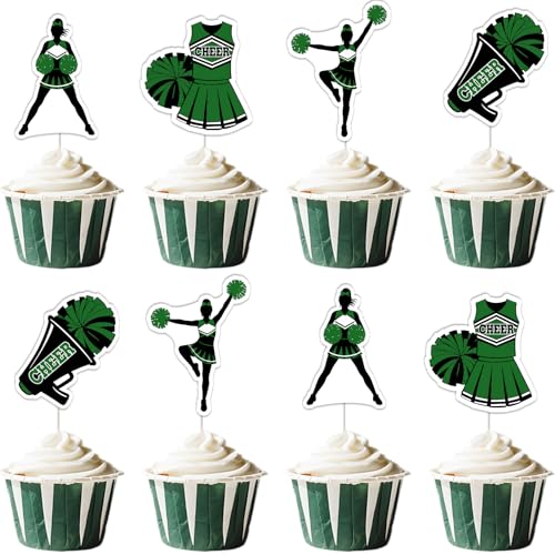 Funmemoir 24PCS Green Black Cheerleading Gymnastics Dance Birthday Cupcake Toppers for Girls 8th-15th Birthday Cheer Squad Party Decorations We've Got Spirit Eat Sleep Cheerleader Supplies