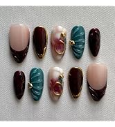 MAGLFELL Fall Press On Nails - Handmade GEL Medium Length Almond Fake Nails, Brown Rendering Pain...
