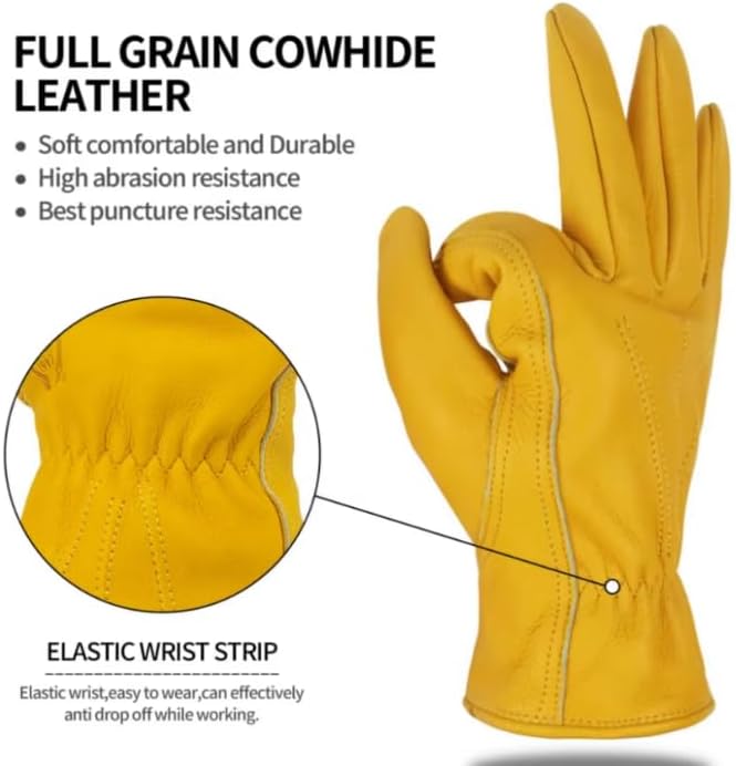 3 Pairs of Leather Work Gloves: Yellow Driver Gloves Cowhide with Reinforced Palm Abrasion Resistantf for Heavy Duty Gardening Yard DIY Gold