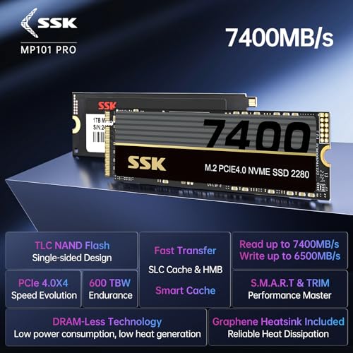 Image of SSK M.2 NVMe SSD 1TB, PCIe Gen 4.0 x4 M.2 2280 SSD Up to 7400MB /s, NVMe 2.0 SSD Card Internal Gaming SSD Solid State Drives Support DRAM-Less Low Power Consumption, Trim, Graphene Heatsink Included