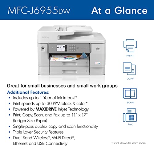 Brother Mfc-J6955Dw Inkvestment -Tank Color Inkjet All-In-One Printer With Wireless, Duplex Printing, 11” X 17” Scan Glass And Up To 1-Year Of Ink In-Box #TOP3