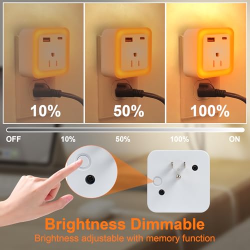 Image of JackonLux Night Lights Plug Into Wall 2 Pack Rechargeable Battery Backup Light Dusk to Dawn Sensor Night Light with Outlet Expander for Adults Kids Bedroom, Kitchen, and Bathroom (2, Amber, 2000K)