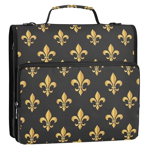 Gold Fleur De Lis ダークグレー 1.5インチ 3リングバインダー 高耐久 ジッパーバインダーオーガナイザー ミドルスクールバインダーバッグ ストラップ付き マルチポケット ラージポートフォリオフォルダー