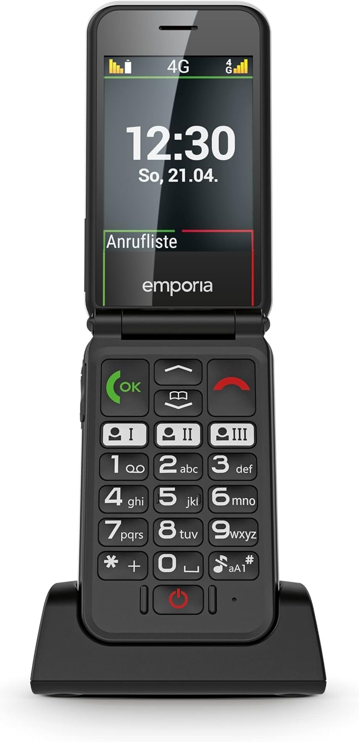 Emporia SIMPLICITYglam.4G Seniorenhandy ohne Vertrag, Klapphandy mit großen Tasten, Notruftaste, 2,8 Zoll Farbdisplay, hohe Lautstärke, Volte, 3 Schnellwahltasten, inkl. Ladestation, Schwarz