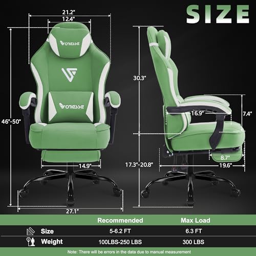 Image of Vonesse Gaming Chair, Computer Chair Fabric with Pocket Spring Cushion, Office Chair with Footrest and Massage Lumbar Support, Reclining Gaming Chairs for Adults 250LBS (Green)