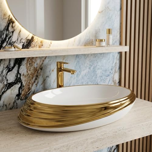 Image of Luxurious Golden Table Top for Bathroom /Ceramic Bathroom Wash Basin /Countertop Wash Basin /Vessel Sink (20x16 Inch)