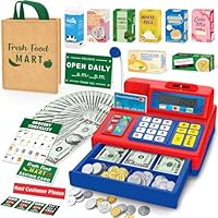Calculator Cash Register Toy Gift for Kids Age 3, 4, 5, 6, 7, 8+ Year Old, 120 Pcs Grocery Store Playset with Microphone, Grocery Boxes, Credit Card, Red Play Cash Register for Toddlers Kids 4-8