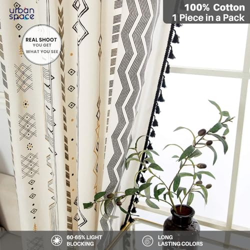 Image of Urban Space Boho Decorative Curtains for Window, 100% Cotton Curtain 5 Feet Long, Set of 1 Curtains with Tassels, 60-65% Room Darkening Curtain with Tieback and Eyelets (Boho Grey, 5 Feet)