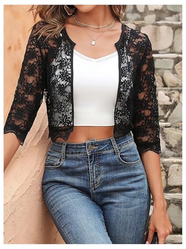 SHENHE Women's Sheer Lace Open Front 3/4 Sleeve Lightweight Cropped Jacket Shrug Bolero4