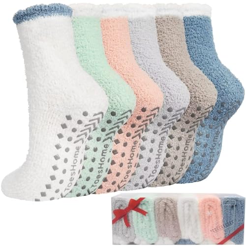 Fuzzy Slipper Socks for Women, Grip Socks Thick Winter Fluffy Socks Womens Cozy Warm Plush Hospital Socks Non Slip Footies 5/6 Pairs, 6 Pairs Solid, One size