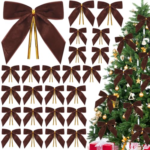 Tsorode 24 Pcs Brown Velvet Bows for Christmas Tree Brown Bows Velvet Ornaments Christmas Tree Bow for Gift Wrapping Door Vintage Garland Wreath Rustic Holiday Decor-1 Wide 3.5 x 3.5 Inch