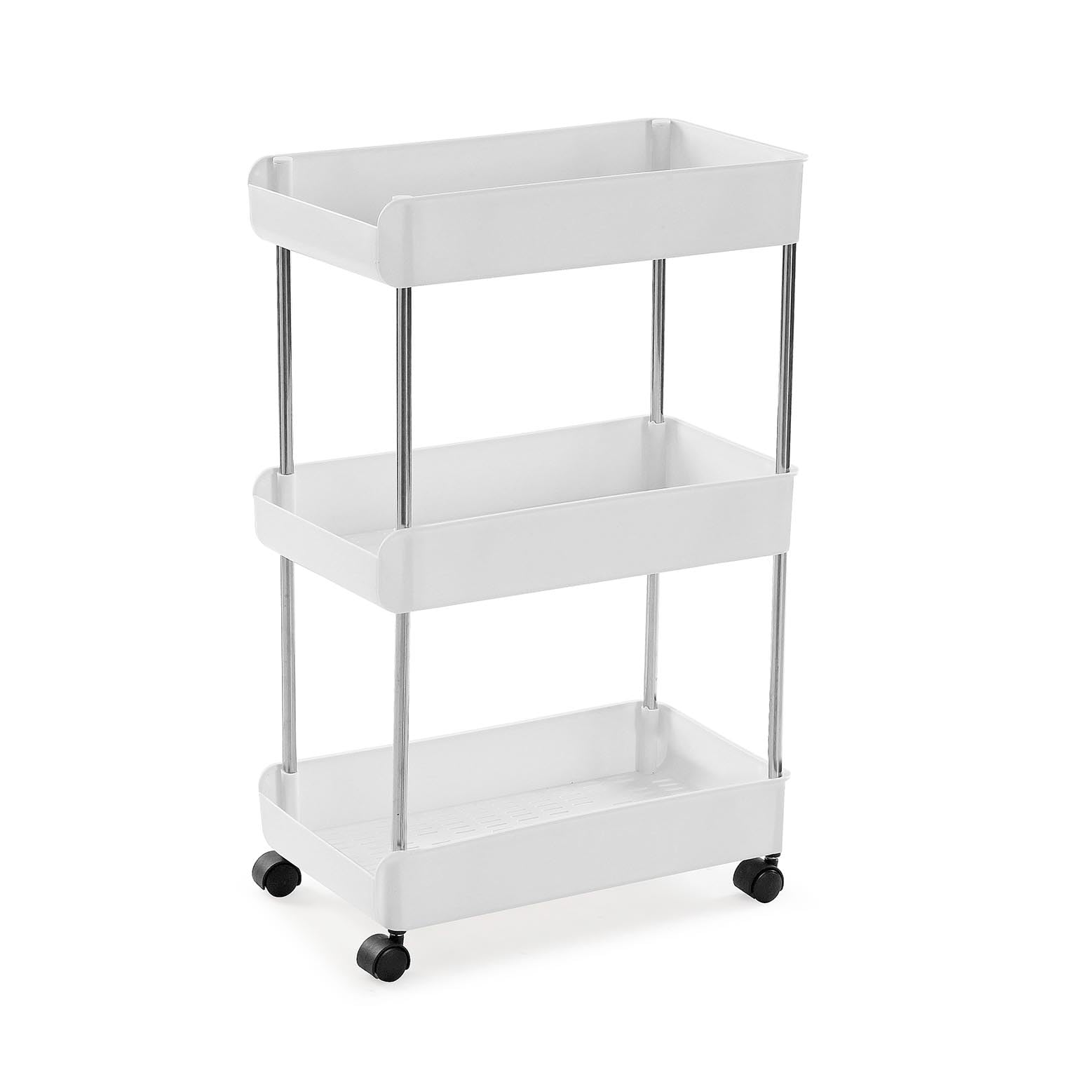 Versa Zenith Meuble Auxiliaire pour Salle de Bain, Chariot de Rangement, avec 3 Étagères et Roulettes, Dimensions (Hauteur x Longueur x Largeur) 65 x 40,5 x 23, Plastique, Couleur Blanche