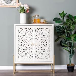MAISON ARTS Accent Cabinet with 2 Doors Farmhouse Decorative Storage Cabinet with Gold Metal Base Small Sideboard Buffet Cabinet for Entryway Living Room White Hollowed Doors