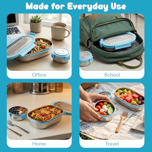 Image of Stainless Steel Lunch Box Set of 2 with Airtight Leak Proof Lid,Food Storage Containers with Silicone Vent Plug,Durable Lunch Box & Small Tiffin Box for Kids School Office Travel Meal Prep Use