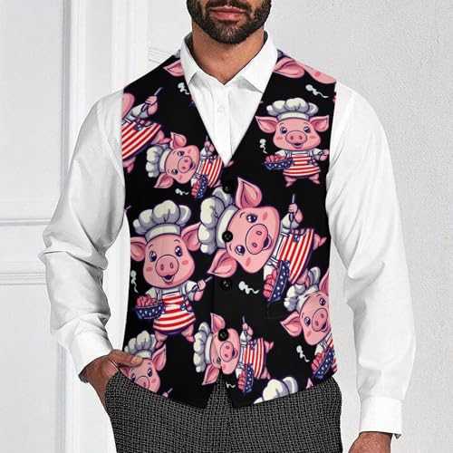 US Flag Pigs Chef BBQ Men's Suit Vests Business Formal Dress Vest V-Neck Waistcoat for Wedding Casual2