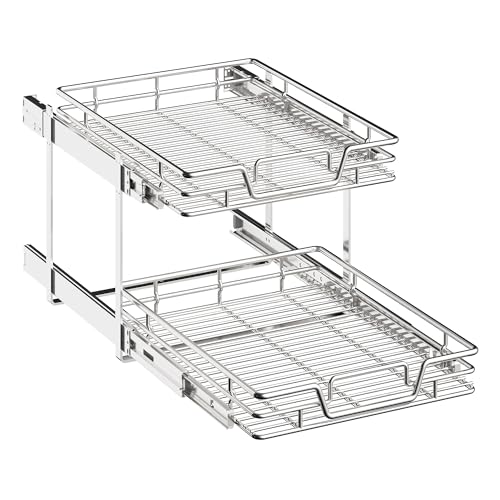 QUYUWU 2-Tier Kitchen Cabinet Pull Out Cabinet Organizer,Shelf and Drawer Organizer Slide Out Pantry Storaqe Basket in Multiple Sizes (17" W x 21" D)