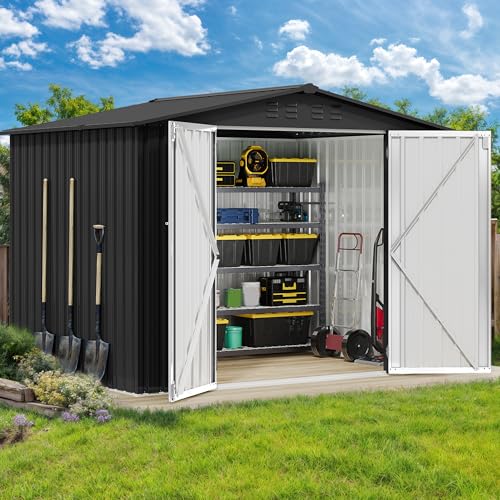 Image of DWVO 7x5FT Outdoor Storage Shelter, Roomy Steel Tool Shed with Secure Entrances & Air Circulation for Patio, Lawn, and Backyard, Ideal for Storing Garden Gear, Lawn Tools, and Bikes, Dark Gray