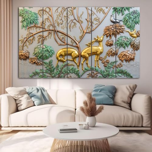 Image of Maxstone Goldan Deer Wall Painting Vastu for Home Animals Wall Painting Living Room,bedroom,Office, Multiple Panals Big Size Set of-5 (30x60 inch) M1263
