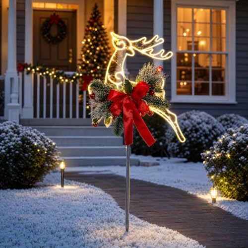 Gold Lighted Reindeer Light Outdoor with Bow, Solar Christmas Garden Lights - image 1