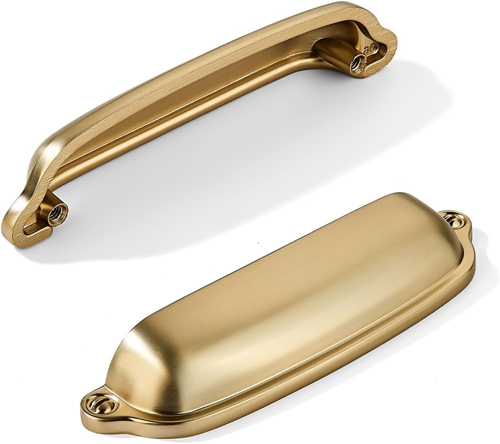 khtumeware 10 Pack Brushed Brass Cup Pulls 4 Inch Center to Center - Cabinet & Drawer Handles for Kitchen Hardware