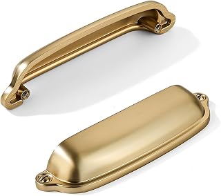 khtumeware 10 Pack Brushed Brass Cup Pulls 3-3/4 Inch Center to Center - Cabinet & Drawer Handles for Kitchen Hardware