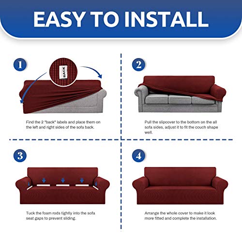 KEKUOU Stretch Single Sofa Slipcover 1 Piece Couch Sofa Cover (31"-55") Furniture Protector 1 Seater Sofa with Elastic Bottom for Kids,Pet.Jacquard Small Checked Pattern Fabric(Small,Dark Red)