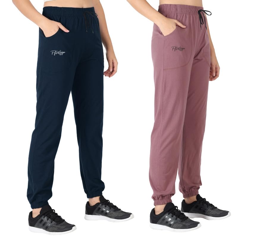 Image of Fflirtygo Cotton Solid Joggers /Track Pant /Solid Pajama /Leggings �100% Export Quality Soft Cotton Night Wear /Pocket Pyjama for Women Combo Pack of 2Pcs, Blue and Grey