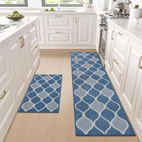 Villsure 17.7"x29.5"+17.7"x59" Blue Kitchen Mat, Kitchen Rugs Non Skid Kitchen Runner Rug Absorbent Resist Dirt Kitchen Floor Mat Comfort Standing Mat Cover