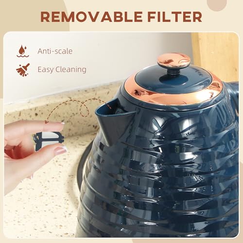 HOMCOM Electric Kettle 1.7L, Fast Boil, 3kW Cordless Water Kettle with Removable Washable Anti-scale Filter, UK Otter Thermostat, Auto Shut-off, 360° Swivel, BPA Free, Dark Blue Water Ripple Texture - Image 7