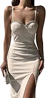 Vestido Branco Longo Reveillon Ano Novo Praia Festa Alças Finas Fenda Pedras-Vestido de Elastano para Casamento Noiva Civil Simples Elegante Minimalista