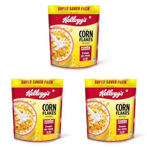 Image of Kellogg's Corn Flakes Original | Power of 5: Energy, Protein, Iron, Vitamins B1, B2, B3 & C| Corn Flakes, Breakfast Cereal | Naturally Cholestrol Free875g /900g(Weight may vary) (Pack of 3)