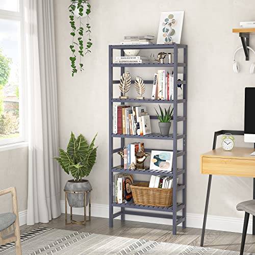 Homykic Bamboo Bookshelf, 6-Tier 63” Tall Adjustable Bookcase Book Shelf, Bathroom Storage Organizer Free Standing Shelving Unit For Living Room, Study, Kitchen, Bedroom, Balcony, Grey #TOP6