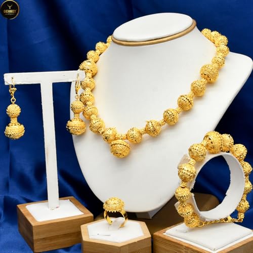 Image of GEHNEY joy of jewels 24k Gold Plated Choker Jewellery Set for Women - Earrings Ring & Bracelet Gold Necklace Set for Women Stylish - Bridal Necklaces for Women Golden with Cubic Zirconia CZ Stones