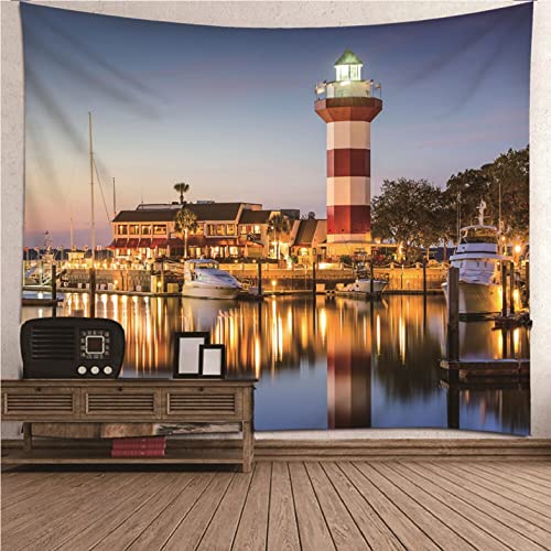 Tapisserie phare nocturne mer drap mural gris 350x250cm