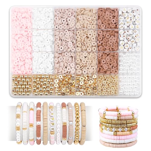 El Mejor Listado de Kits de fabricación de abalorios - los preferidos. 50 LUDUKOO Kit de fabricación de pulseras de la amistad, 5 colores planos de polímero Heishi arcilla kit de fabricación de pulseras con abalorio de letras doradas para niñas...