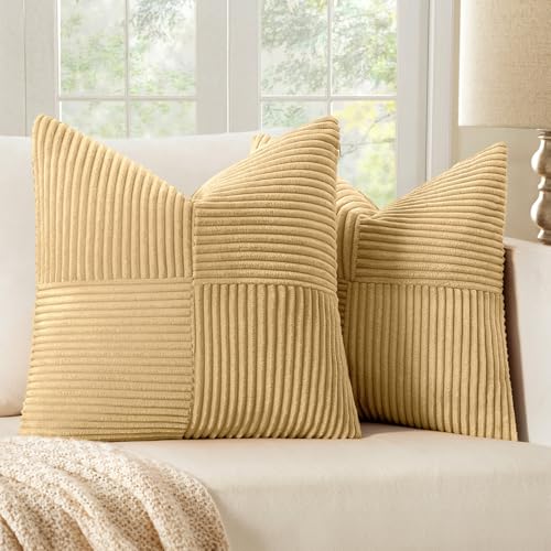 Image of MIULEE Khaki Decorative Euro Sham Pillow Covers 24x24 Inch for Bed Couch Sofa Pack of 2 Boho Farmhouse Throw Pillows Soft Cross Corduroy Patchwork Textured Cushion Cases