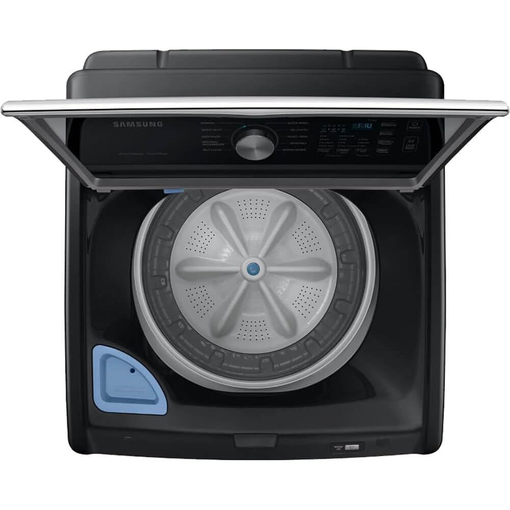 Samsung Smart 4.7 Cu Ft Top Load Washer & 7.4 Cu Ft Electric Dryer, Sensor Stops Overdrying, Low Vibration Quiet Wash, WaterJet w/Power Cords, Hoses, Vent Duct, 1 Year CPS Protection Bundle (Black)