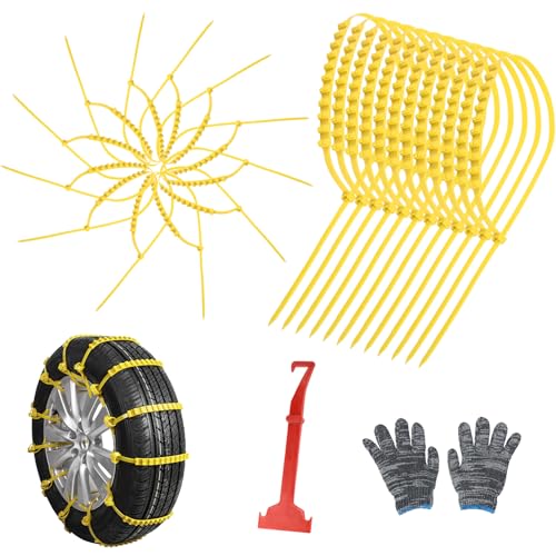 12 Pcs Snow Tire Chains - Portable Plastic Non-Slip Anti-Skid Traction Cables for Winter Driving/Fits Most Cars, SUV & Trucks/Emergency Use/Easy to Install & Adjustable (Yellow)