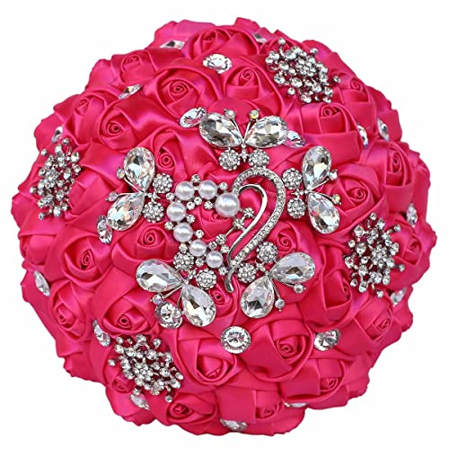 Mollybridal Modest Pearls Silk Rose Flowers Artificial Flowers Bouquets for Wedding Party Quinceanera Prom Hot Pink