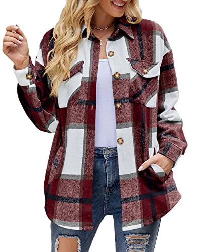 Blooming Beauty Damen Hemdjacke Casual Kariert Shacket Herbst Flanell Langarm Revers Button Down Hemd Jacke Bluse Mantel mit Taschen (Weinrot, XL) Cover