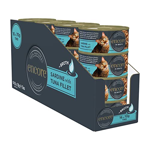 Encore Premium Comida Húmeda para Gatos 100% Natural en Lata de Filete de Sardina y Atún - Paquete de 16 latas de 70 g