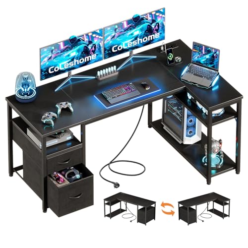 Coleshome Bureau d’Angle avec Tiroirs en Tissu, 140×80 cm Bureau Gaming Réversible avec Prises et Ports USB, Table en L avec Étagère Réglable pour...