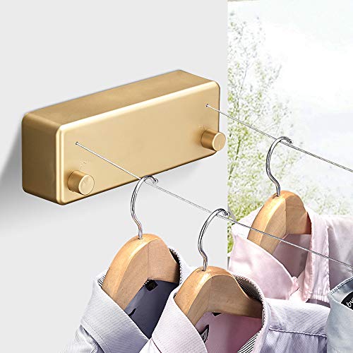 Image of BESy Retractable Clothesline ABS case+Aluminum Dryer with Adjustable Stainless Steel Double Rope String Hotel Style Heavy Duty,Wall Mounted Method, 13.8 Feets,Gold