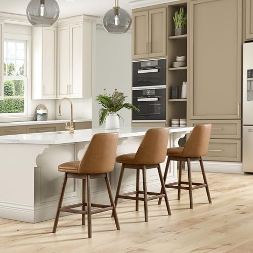 Image of ROME + OAK Set of 2 Rowan 26 Inch Swivel Counter Height Stool in Walnut Finish with Brown Vegan Leather Upholstery Seat - Kitchen or Dining Room Furniture