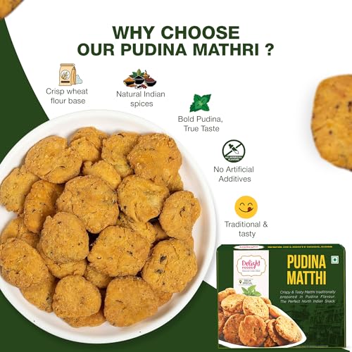 Image of Delight Foods Pudina Mathri 300g | Ready to Eat Tea Time Namkeen| Healthy | Crispy Pudina Flavour Mathrii | North Indian Snacks