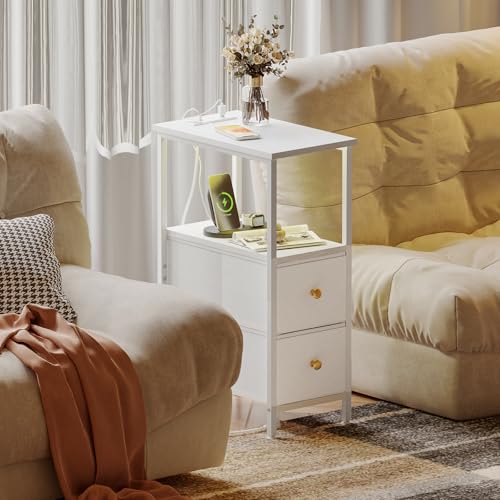 Fixwal White Narrow Side Table with Charging Station and LED Light, Slim End Table for Small Space, Skinny Nightstand with 2 Fabric Drawers
