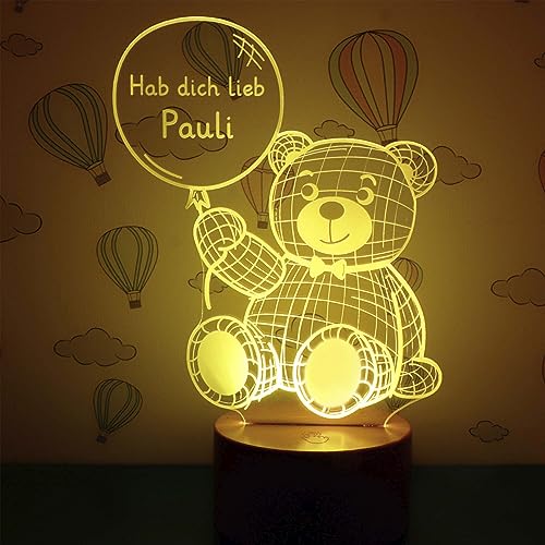 LAUBLUST 3D Teddybär Lampe - Personalisiertes LED Nachtlicht - Bär Geschenk für Kinder & Geschwister | Holz Sockel