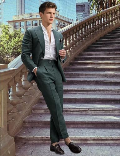 Linen Suit for Men 2 Pieces Summer Casual Suits Slim Fit Groomsmen Tuxedos Beach Wedding Party Blazer Pants Set, Beige, XS4