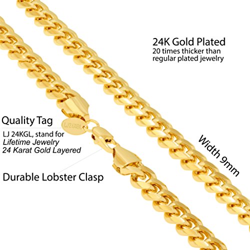 Lifetime Jewelry 9Mm Miami Curb Cuban Link Chain Necklace 24K Gold Plated (Gold, 24 Inches) #TOP3
